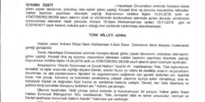 Yargı 5 Yıl Nakil Yasağını Aile Bütünlüğüne Aykırı Buldu