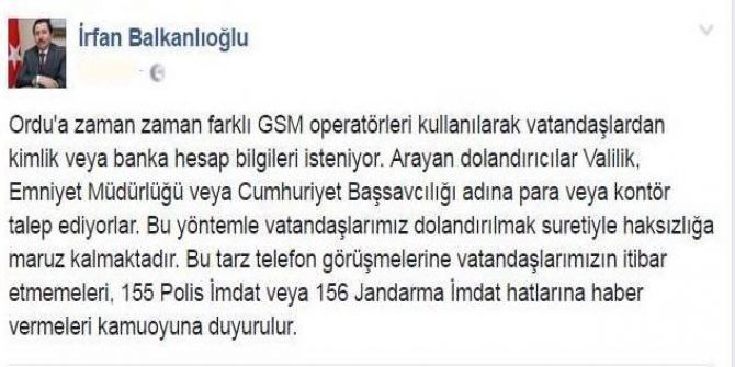 Vali Balkanlıoğlu’ndan ‘Dolandırıcılık’ Uyarısı