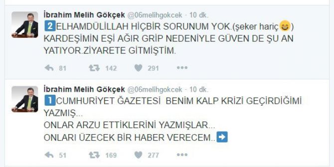Gökçek’ten, ’Kalp Krizi Geçirdiği’ İddiasına Yanıt