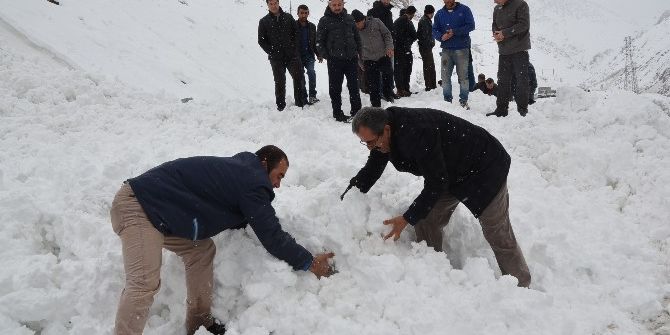 Karayoluna Düşen Çığı Elle Temizlediler