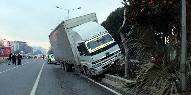 Kontrolden Çıkan Kamyon Refüjde Sürüklenerek Ağaçları Devirdi