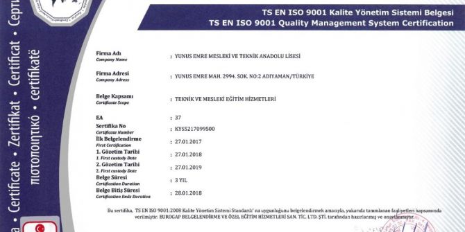 Adıyaman’ın Iso 9001 Ve Ohsas 18001 Belgeli İlk Lisesi Belli Oldu