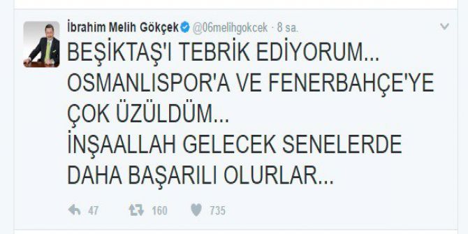 Başkan Gökçek, Beşiktaş’ı Kutladı