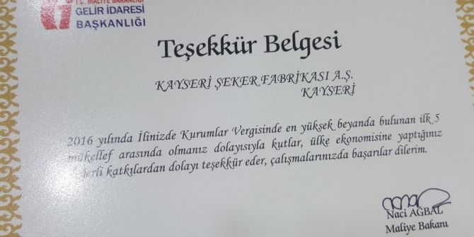 Kayseri Şeker, Kurumlar Vergisinde 2016 Yılında Da Vergi Rekortmeni Oldu