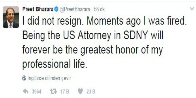 Abd’li Savcı Preet Bharara, Görevden Alındı