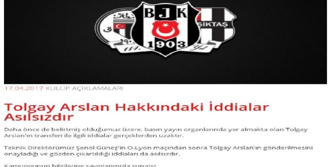 Beşiktaş’tan Tolgay Arslan Açıklaması