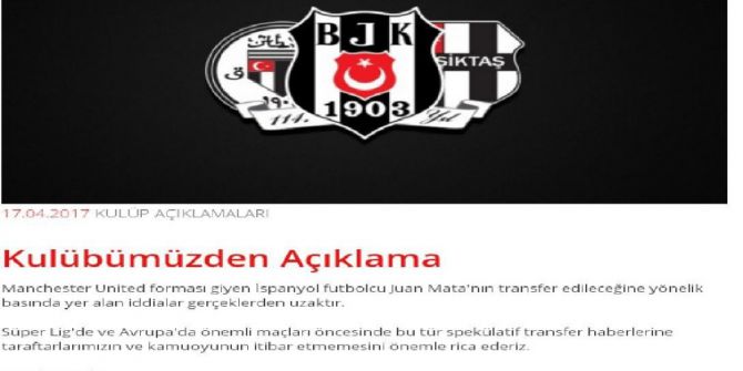 Beşiktaş’tan Mata Açıklaması