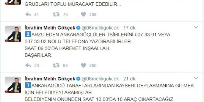 Ankara Büyükşehir Belediye Başkanı Gökçek’ten, Ankaragücü’ne Deplasman Desteği