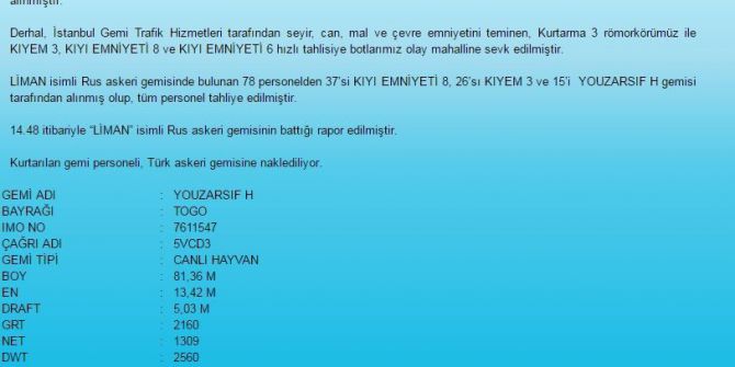 Rus Askeri Gemisinde Bulunan 78 Personel Kurtarıldı