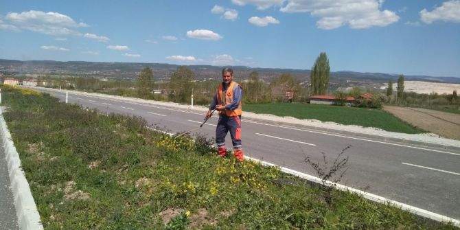 Karayolunun Orta Refüjü Otlardan Temizleniyor