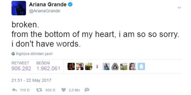 Abd’li Şarkıcı Grande’den Saldırıya İlişkin Açıklama: "Kalbim Derinden Kırıldı"