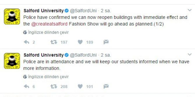Manchester’daki Salford Üniversitesinde Şüpheli Paket Alarmı