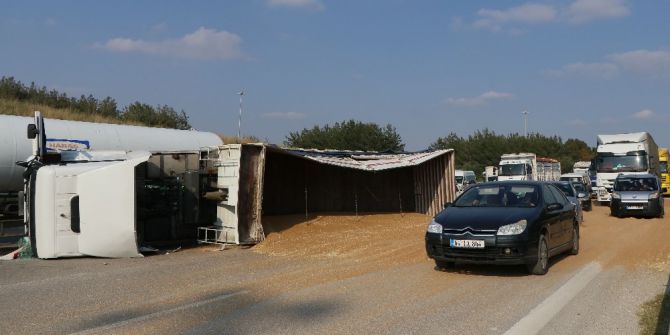 Buğday Yüklü Tır Otoyola Devrildi