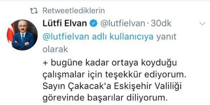 Bakan Elvan’dan Vali Çakacak’a Teşekkür