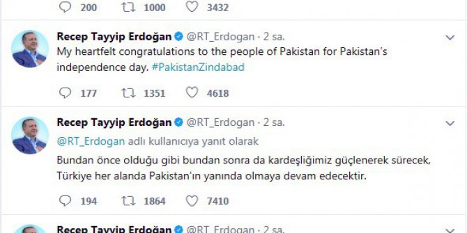 Cumhurbaşkanı Erdoğan’dan Pakistan’a kutlama mesajı