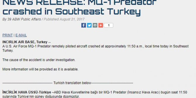 İncirlikten düşen İHA ile ilgili açıklama