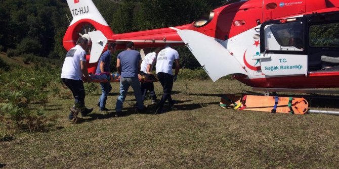 Kazada yaralanan kadın ambulans helikopter ile hastaneye kaldırıldı