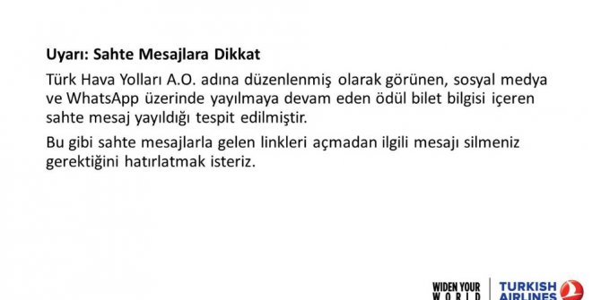 THY’den ’sahte ödül bilet’ uyarısı