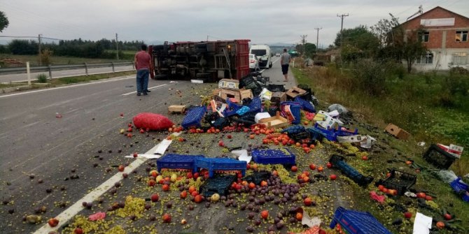 Meyve yüklü kamyon devrildi