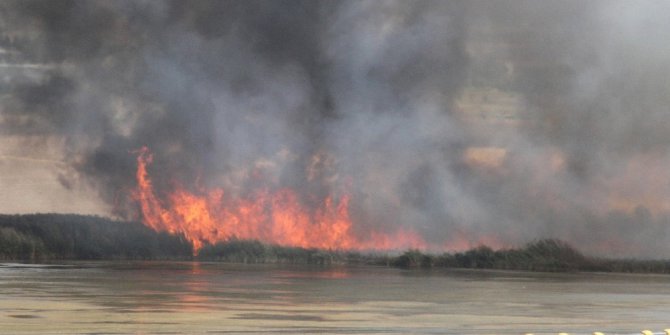 Mogan Gölü’nde sazlık alan yangını devam ediyor