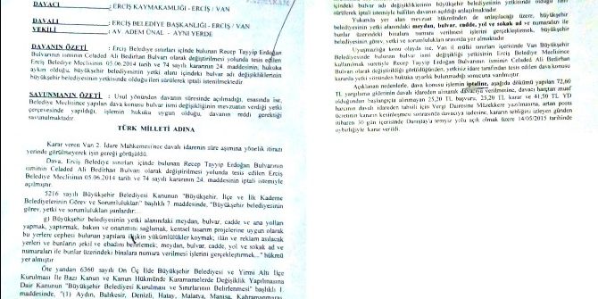 Van 2. İdare Mahkemesinden, Erciş’teki Park, Cadde Ve Bulvar İsimlerinin Değiştirilmesi Kararına İptal