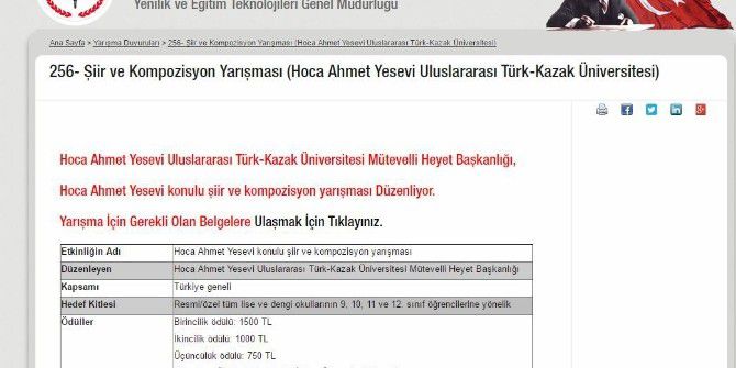 “Ahmet Yesevi” Konulu Şiir Ve Kompozisyon Yarışması