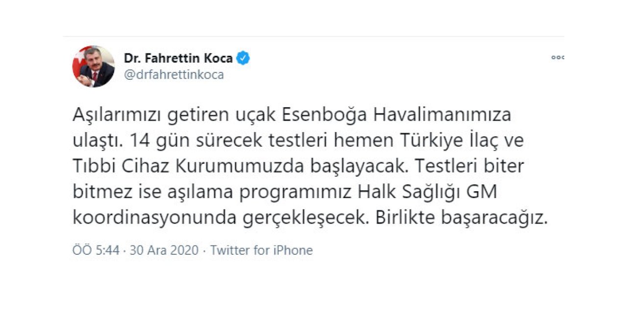 Çin Aşısı Sinovac Türkiye’ye Geldi