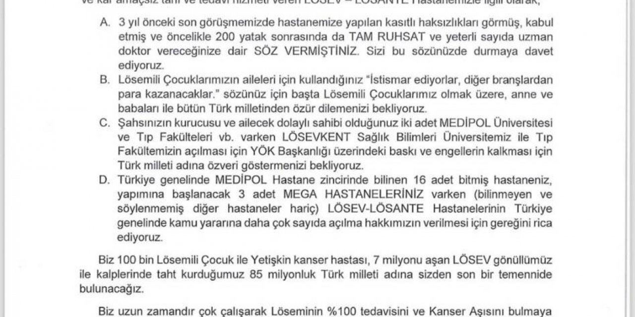 Armağan Çağlayan Dr. Fahrettin Koca’ya Gönderilen Lösev Mektubunu Paylaştı !