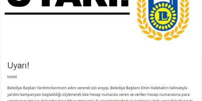 Lüleburgaz Belediyesinden Dolandırıcılık Uyarısı