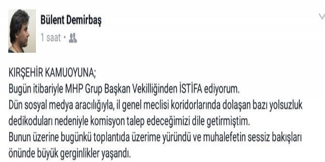 İl Genel Meclisi Mhp Gurup Başkan Vekili İstifa Etti