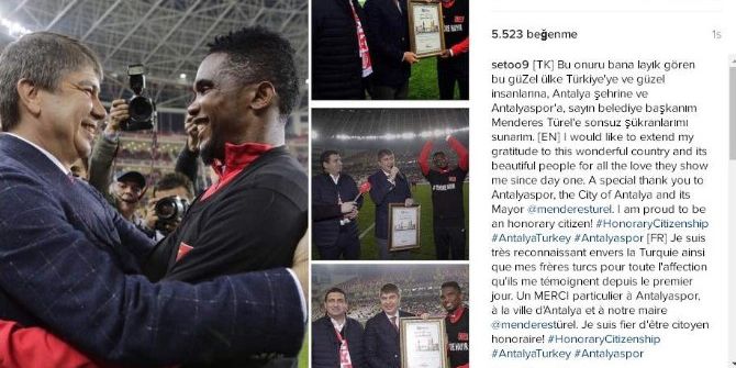 Eto’o’dan 3 Dilde Teşekkür