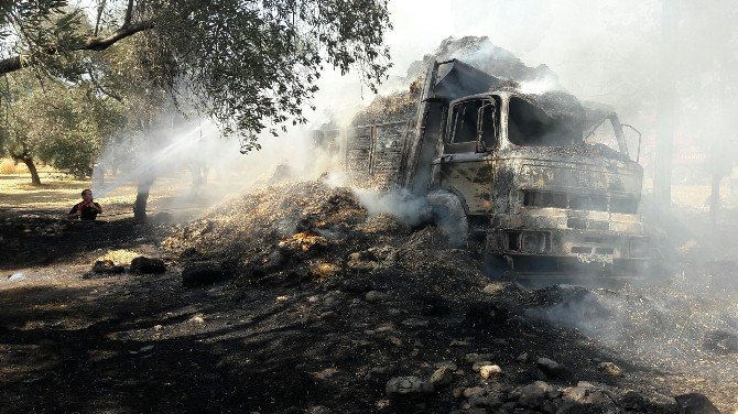 Saman Yüklü Kamyon Alev Aldı, 12 Dekar Alan Kül Oldu