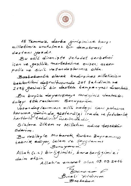 Başbakan Yıldırım’dan, Muş Milli Eğitim Müdürlüğü’ne Teşekkür Mektubu