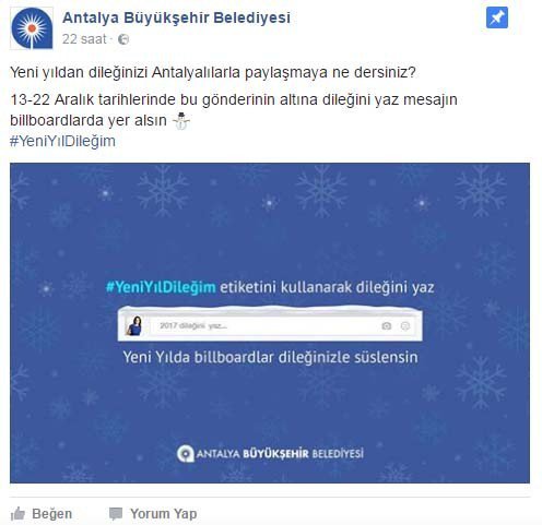 Büyükşehir Belediyesi Yeni Yıl Mesajlarını Billboardlarda Yayınlayacak