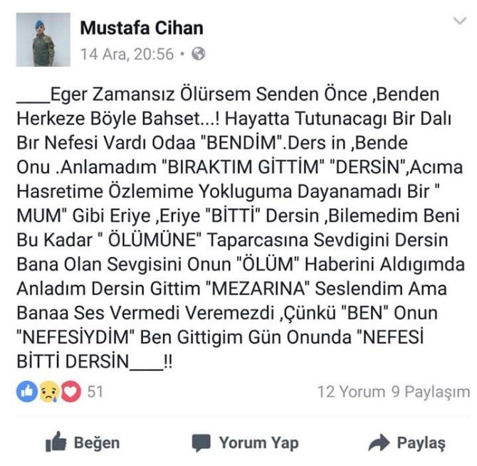 Osmaniyeli Şehidint, 3 Gün Önce Sosyal Medya Hesabından Yaptığı Paylaşım Yürekleri Burktu