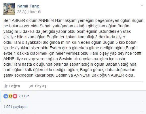 Şehit Tunç’tan Annesine Özlem Dolu Paylaşım