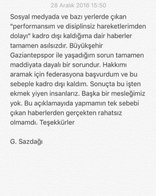 Gökhan Sazdağın’dan Kadro Dışı İddialarına Açıklama