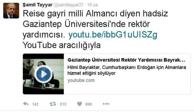 Şamil Tayyar’dan Gaziantep Üniversitesi Rektör Yardımcısına Sert Tepki