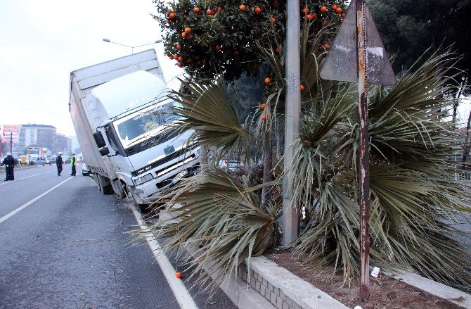 Kontrolden Çıkan Kamyon Refüjde Sürüklenerek Ağaçları Devirdi