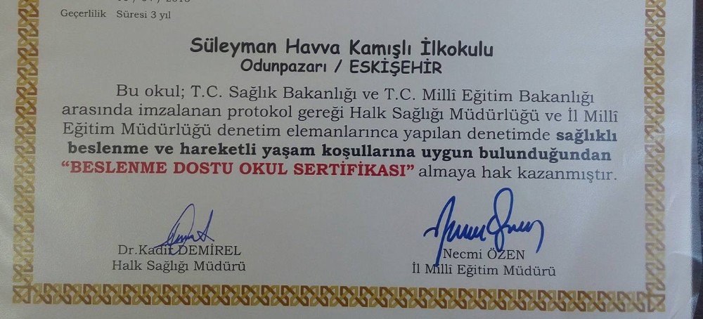 Süleyman Havva Kamışlı İlkokulunda ’’Beslenme Dostu Okul Sertifikası" Sevinci