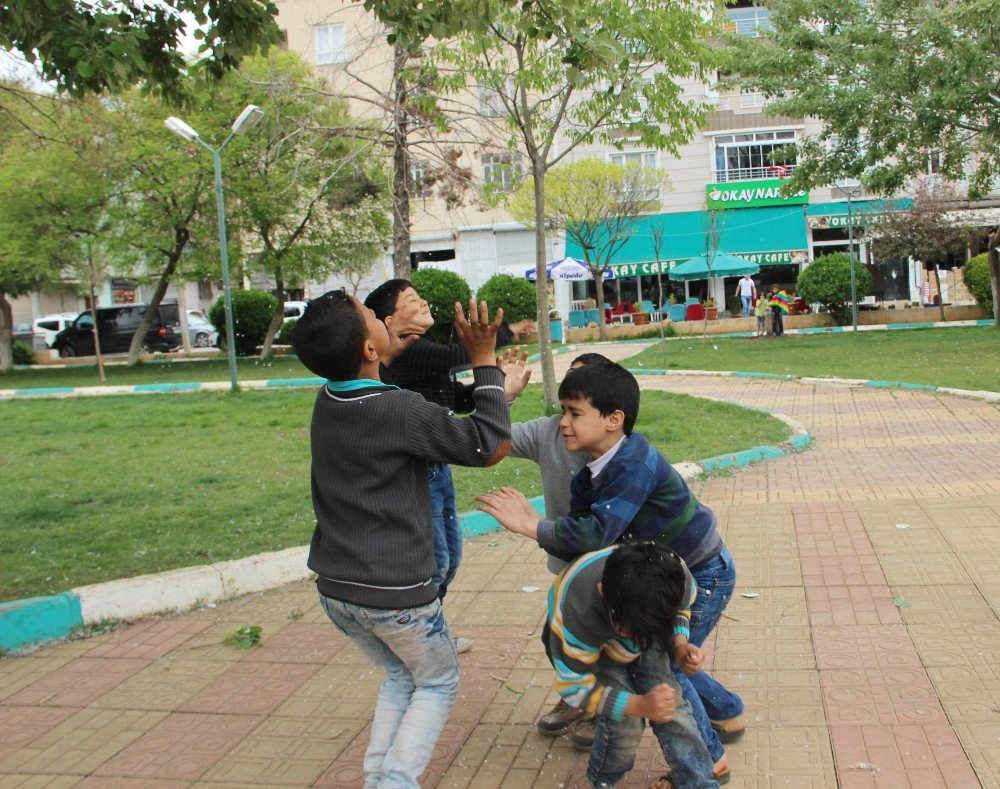 Çocukların Ağaçlardan Düşen Beyaz Polenlerle Kar Keyfi