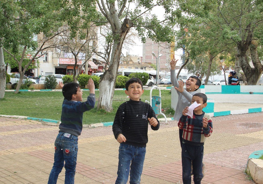 Çocukların Ağaçlardan Düşen Beyaz Polenlerle Kar Keyfi