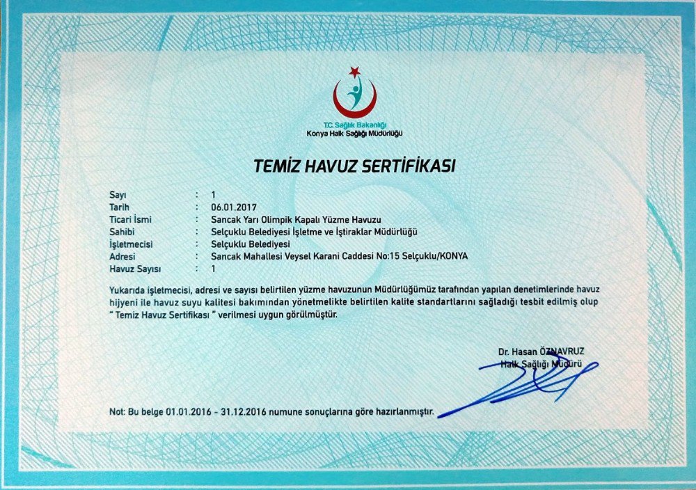 Sancak Yüzme Havuzu’na “Temiz Havuz” Sertifikası