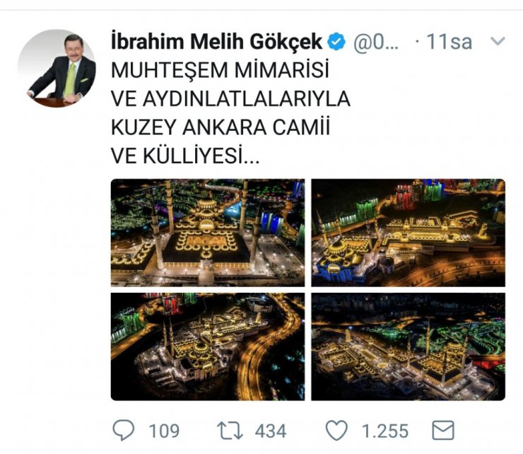 Melih Gökçek’ten "Kuzey Ankara Camii ve Külliyesi" paylaşımı