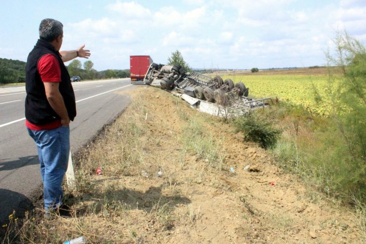 Tekirdağ’da tır ayçiçeği tarlasına devrildi