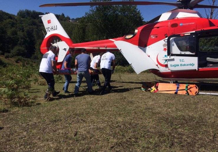 Kazada yaralanan kadın ambulans helikopter ile hastaneye kaldırıldı