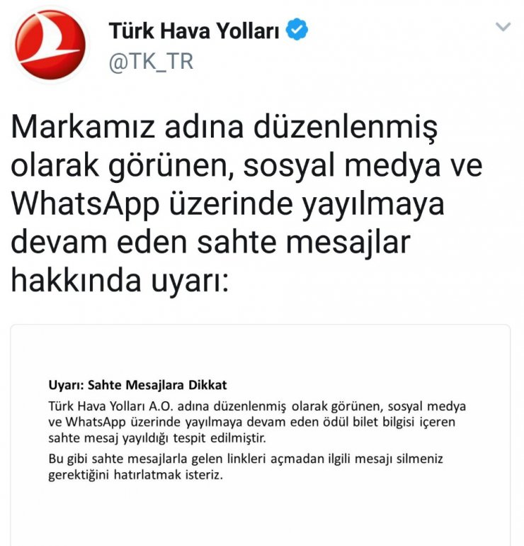 THY’den ’sahte ödül bilet’ uyarısı