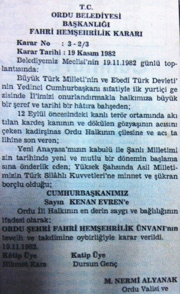 Kenan Evren, Ordu’nun ‘fahri hemşehrisi’ çıktı