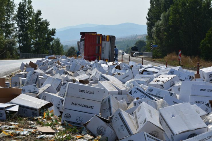 Okullara üzüm taşıyan tır devrildi: 1 yaralı