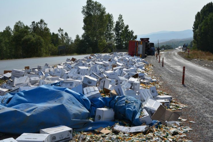 Okullara üzüm taşıyan tır devrildi: 1 yaralı